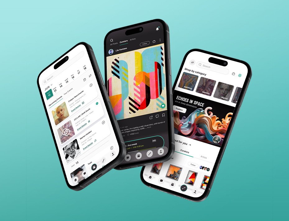 Three iPhones showcasing a home feed, event calendar and marketplace illustrating the app's role in connecting artists and patrons.