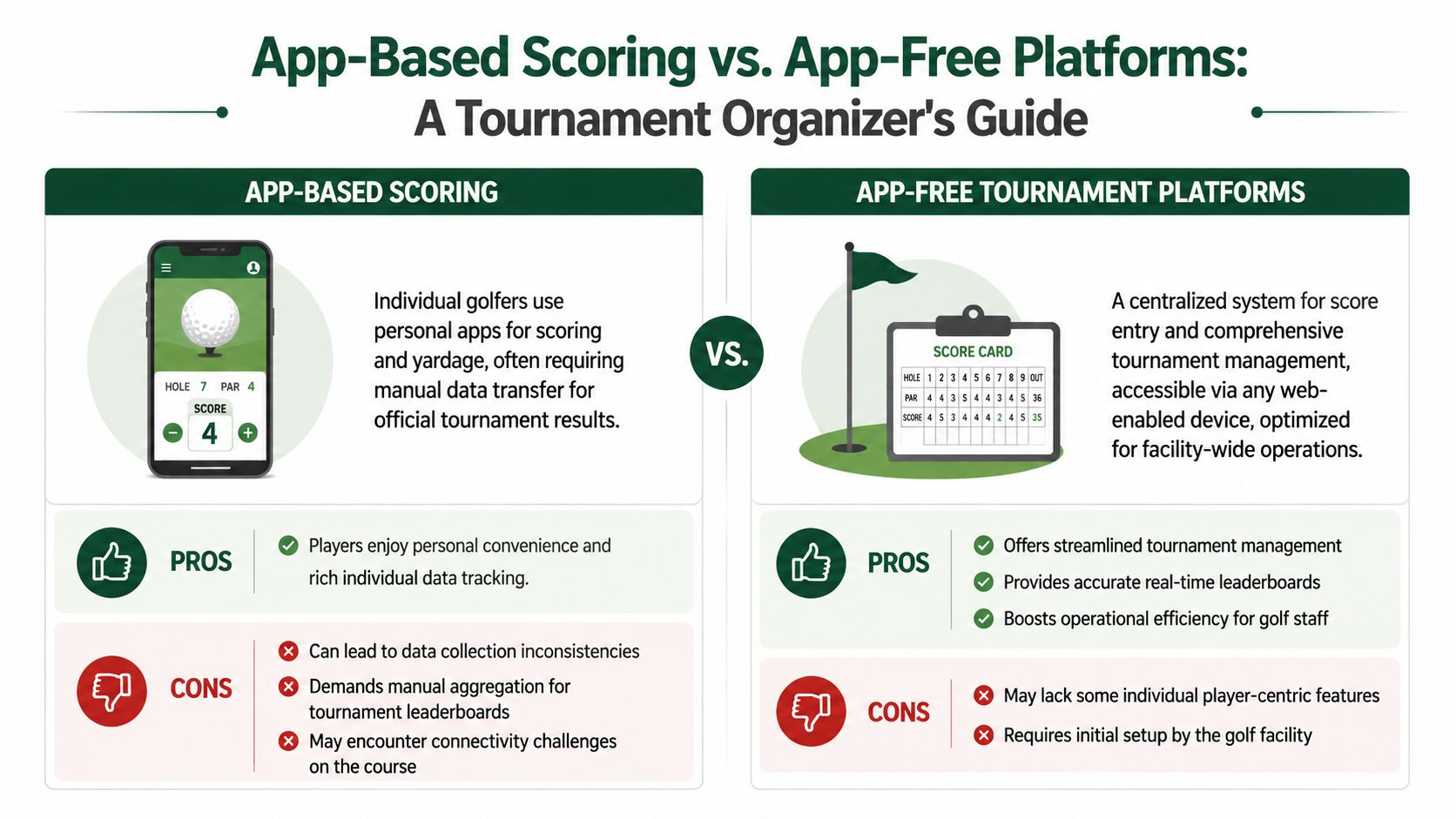 A comparison chart showing the differences between app-based scoring and app-free golf tournament platforms.