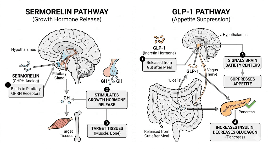 Sermorelin vs GLP-1 mechanism comparison diagram showing different receptor pathways