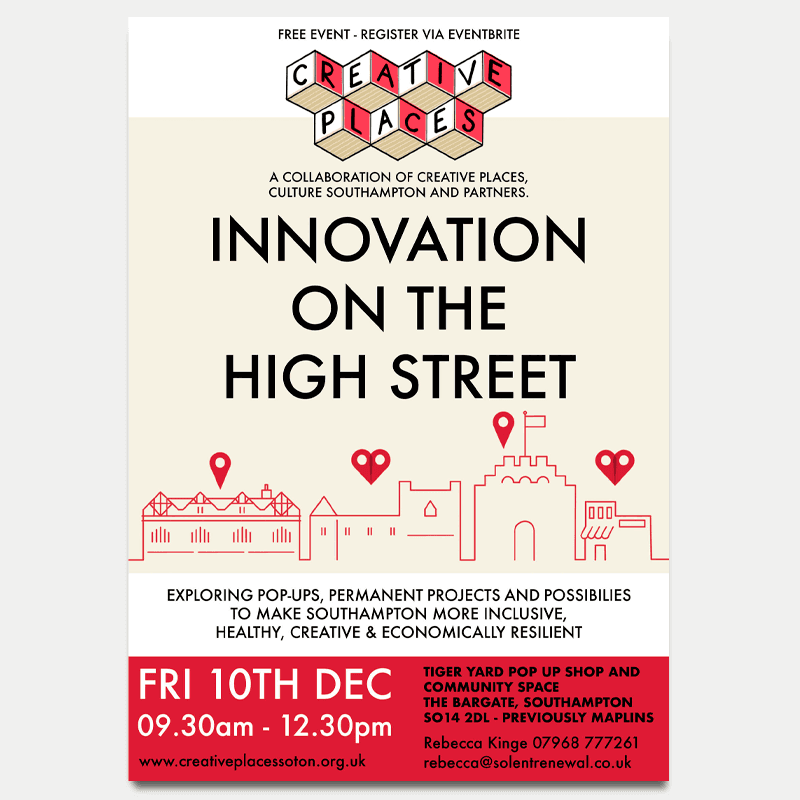 Poster advertising "creative places" with the title "Innovation of the high street" above building with location symbols. Two of the buildings have 2 location symbols overlapping to resemble a heart