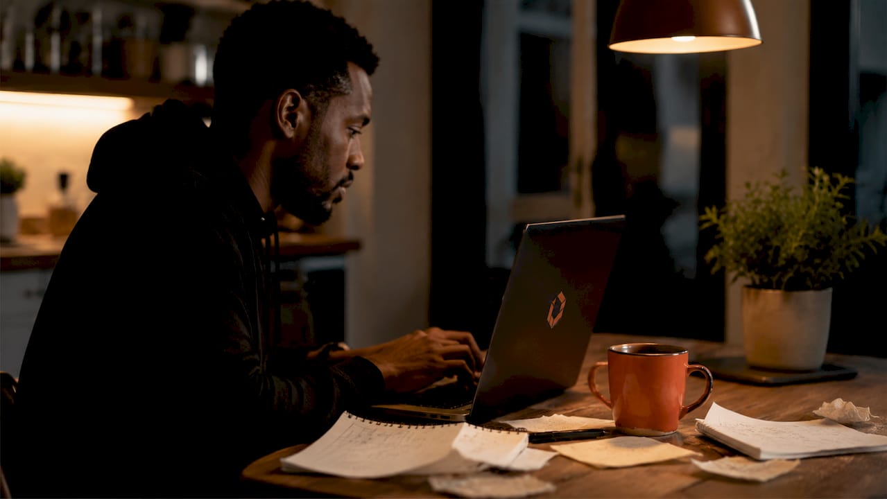 Developer hands typing with coding setup overhead