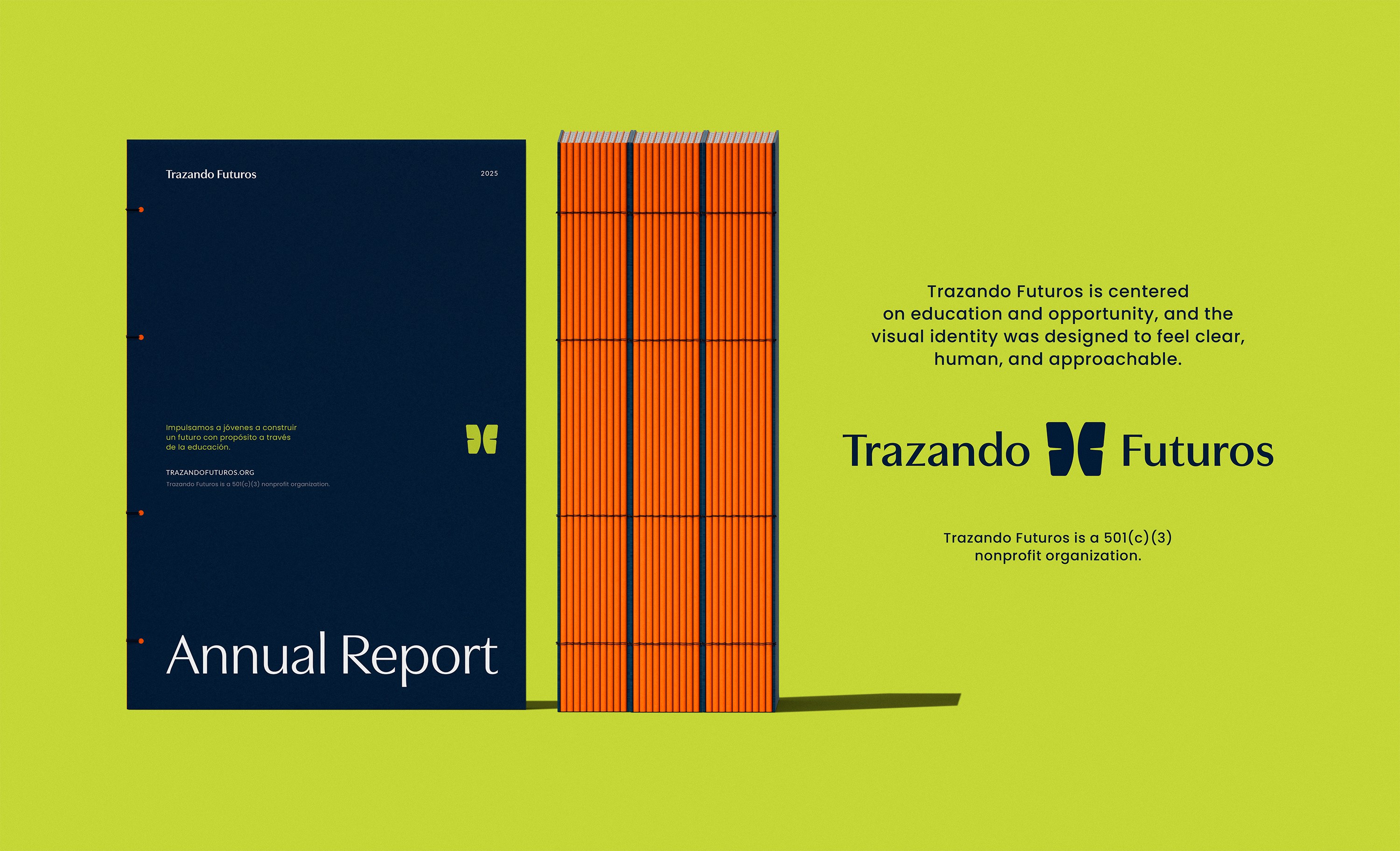 Trazando Futuros annual report mockup featuring a navy cover, orange page edges, and the nonprofit’s logo on a bright green background.