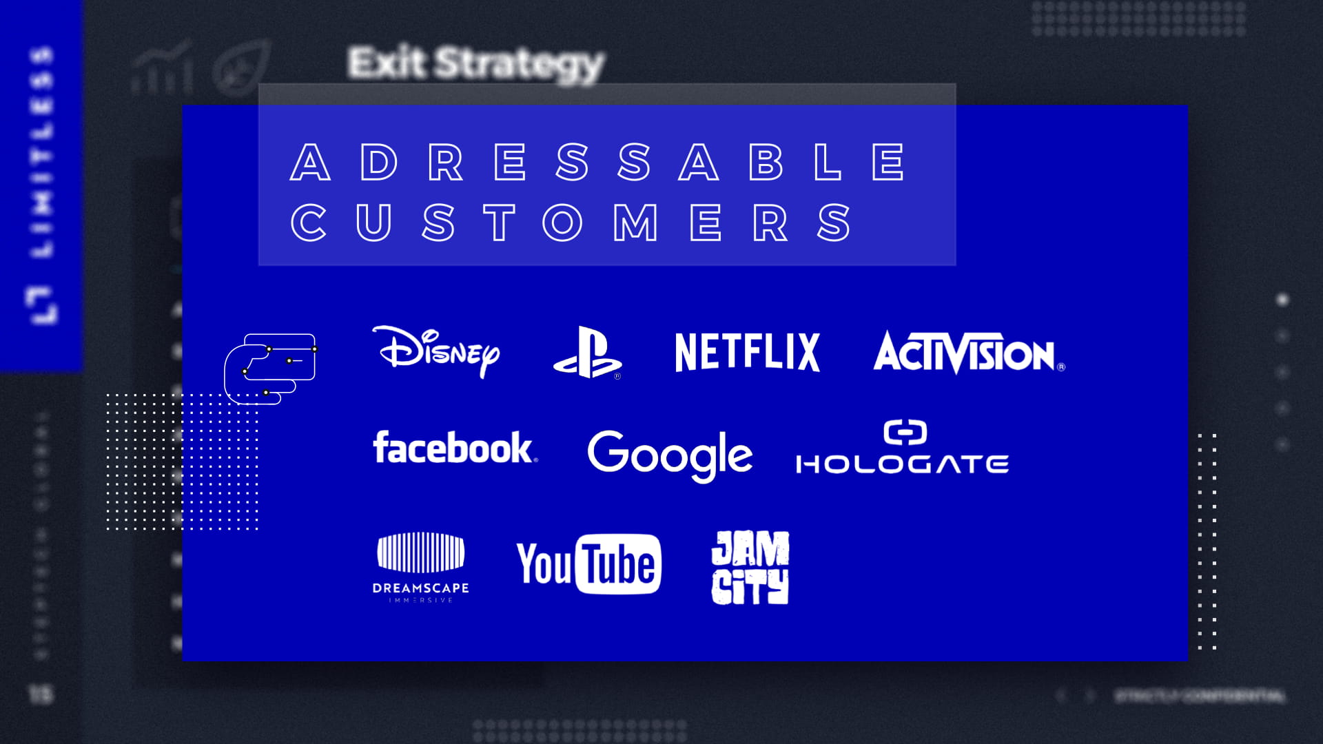 Addressable Customers slide featuring blue background with enterprise partner logos including Disney, PlayStation, Netflix, Activision, Facebook, Google, Hologate, Dreamscape Immersive, YouTube, and Jam City representing target market for motion capture and XR technology