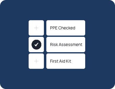 Dark digital checklist interface with options “PPE Checked,” “Risk Assessment,” and “First Aid Kit,” representing mandatory pre-start safety checks.