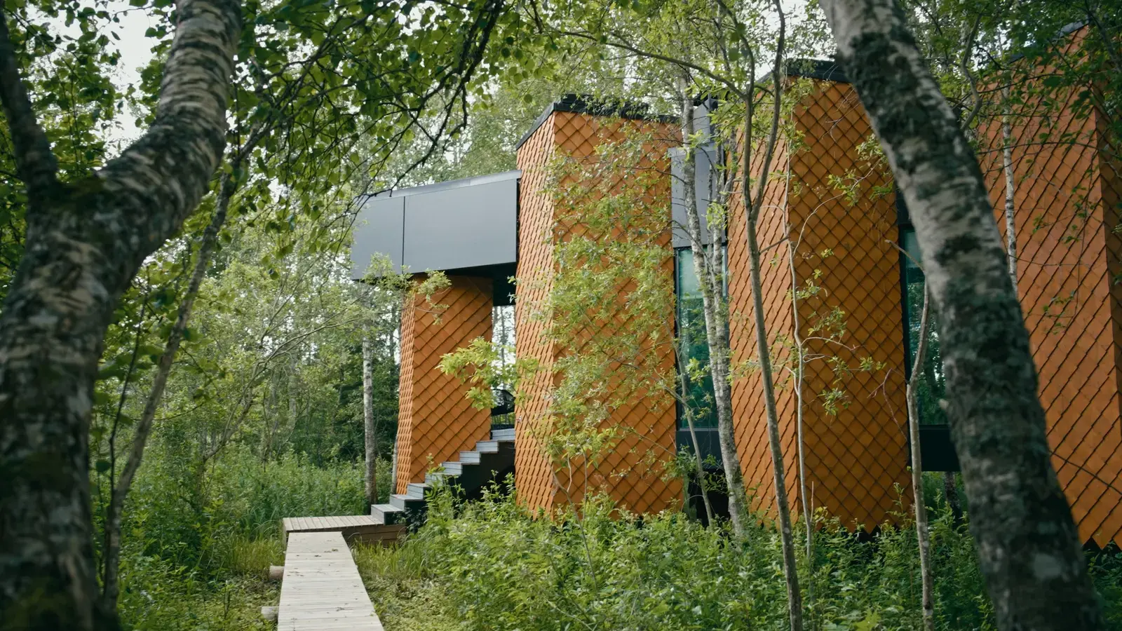 Modern nature villa with orange scale-patterned cladding tucked among birch trees