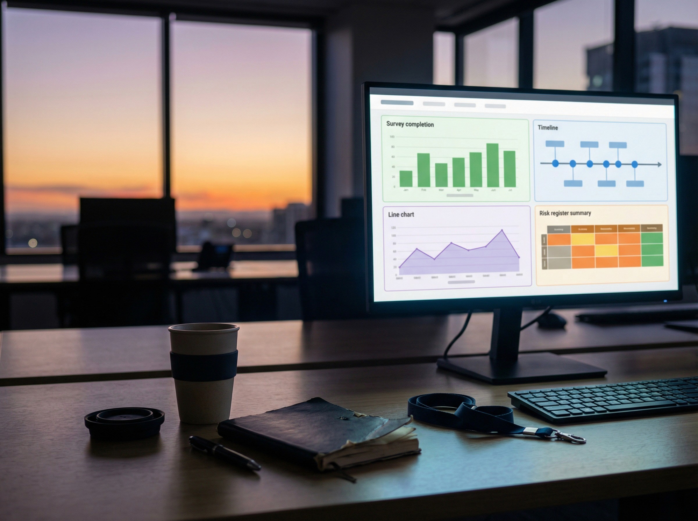 A tight, grounded shot of a WHS coordinator's desk at the end of a productive day. The person is not visible — they have left for the evening. The desk tells the story: a single monitor showing a unified dashboard with four distinct panel sections — a survey completion tracker, an incident timeline, an analytics chart, and a risk register summary — all visible as coloured, structured shapes but not legible. The desk itself is tidy but lived-in: a keep cup with the lid off, a pen beside a closed notebook with a few page corners turned down, a lanyard coiled beside the keyboard. 