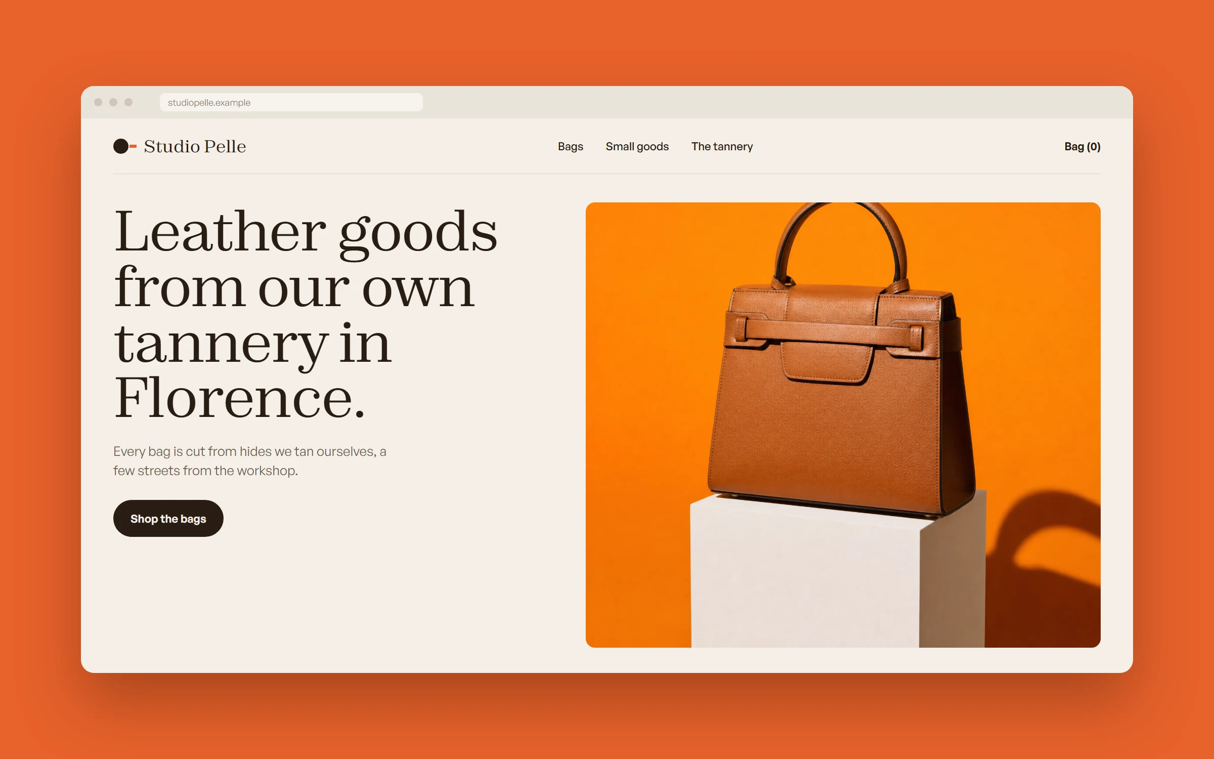 Studio Pelle online shop homepage in a browser window