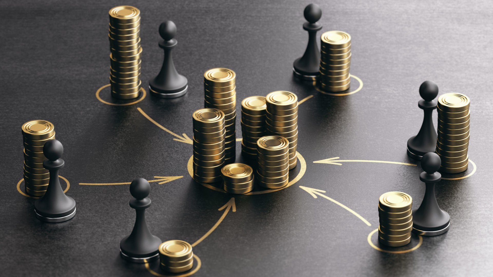 Stacks of coins connected by directional arrows with chess pieces around them, illustrating the difference between source of funds and source of wealth in AML compliance.