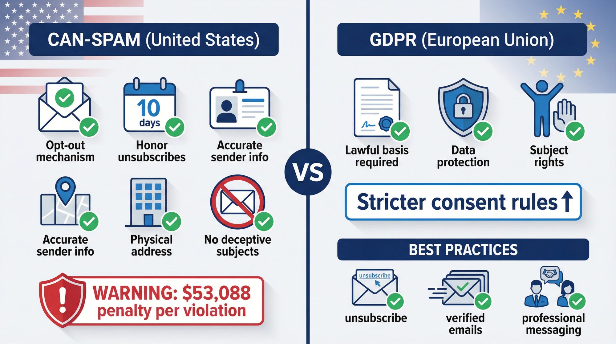 Cold email compliance comparison showing CAN-SPAM requirements for US and GDPR rules for EU markets