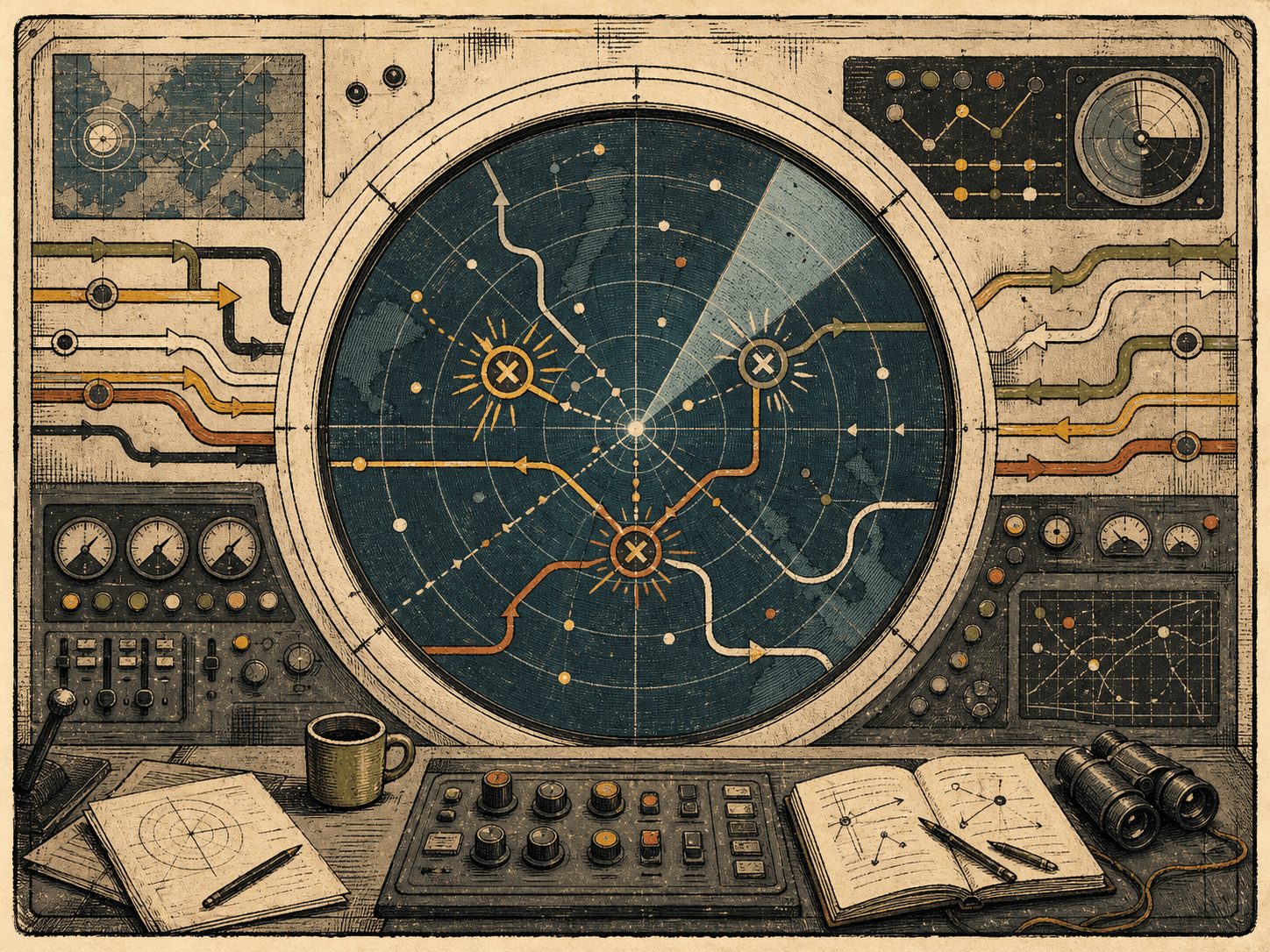 Hand-drawn centered GTM collision radar console for majorGTM