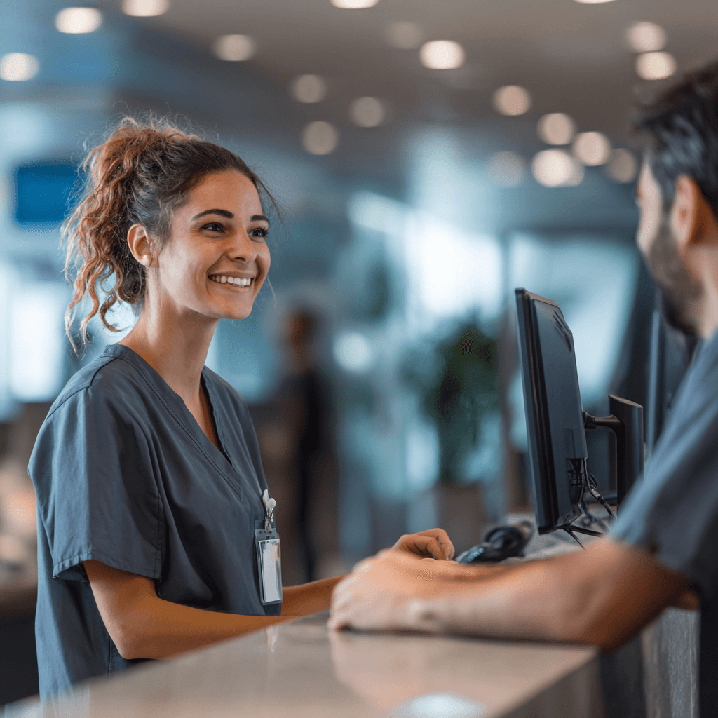 Smiling female nurse in scrubs at a hospital reception desk speaking with a male colleague. The scene conveys professionalism and friendliness.