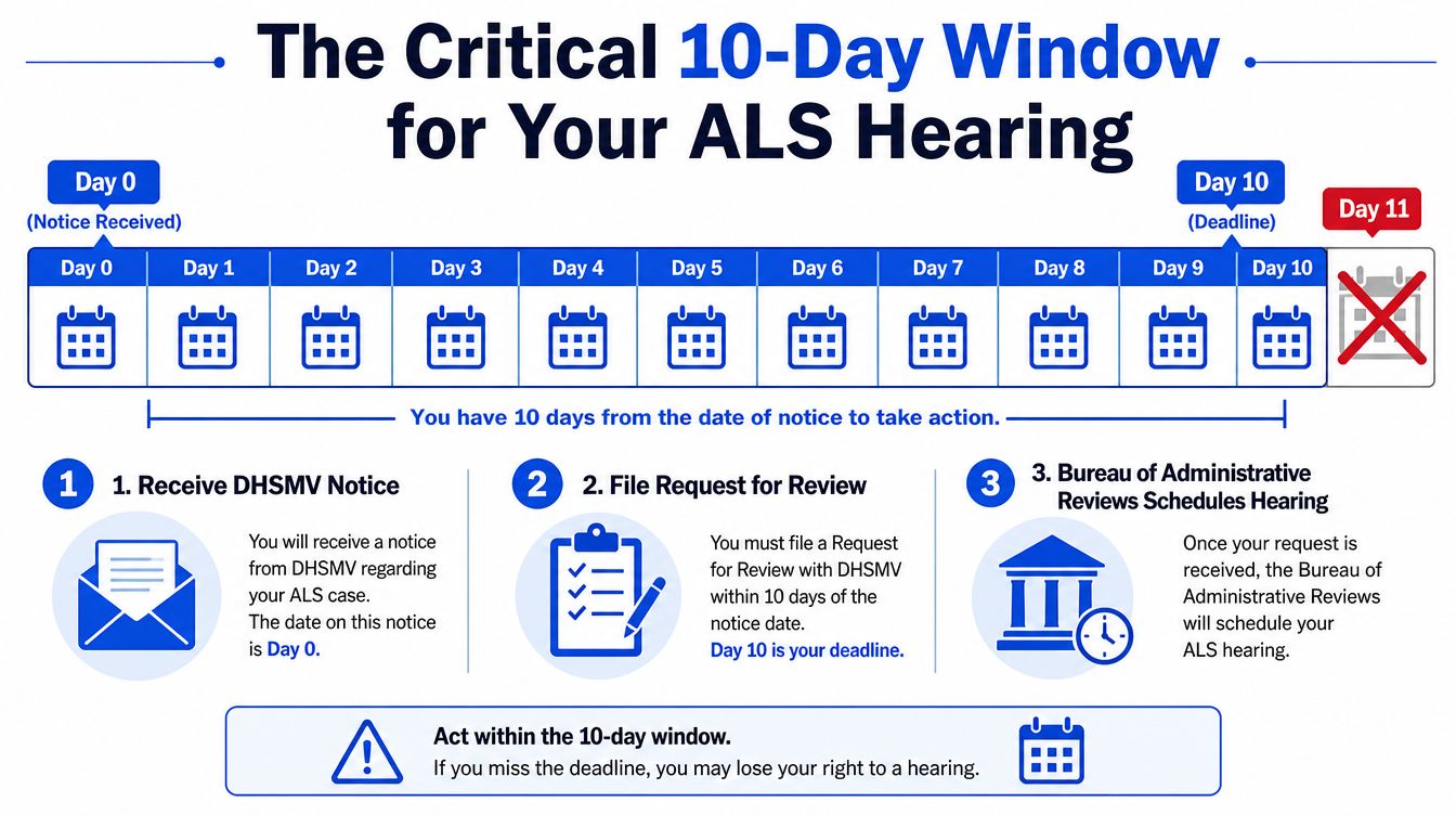An infographic detailing the critical 10-day deadline for filing an administrative license suspension hearing request with the DHSMV.