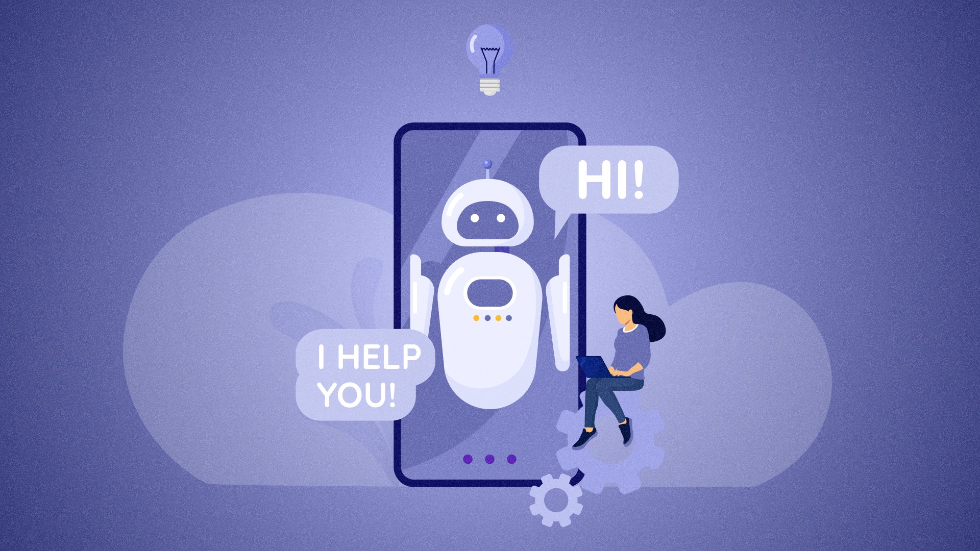 Nő laptopon beszélget egy robottal, mesterséges intelligencia támogatással.