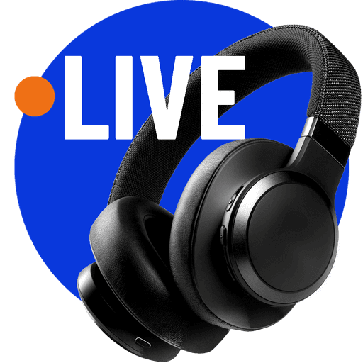 image of headphones and the word LIVE over colored circles