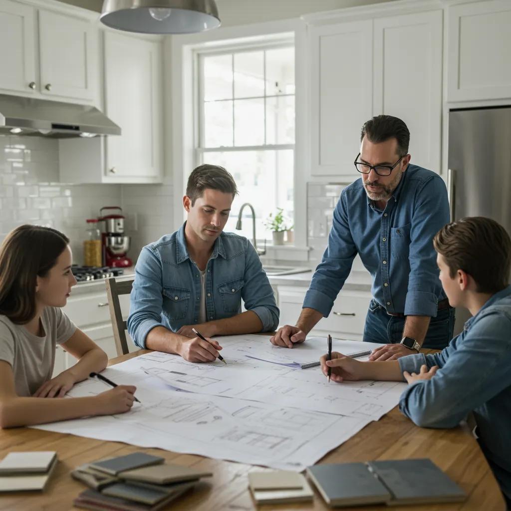Family discussing home renovation plans with a contractor in a modern kitchen, emphasizing ROI factors