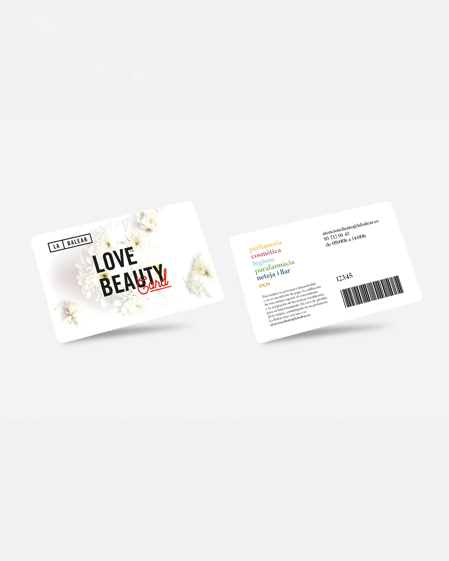 Front and back of the La Balear Love Beauty card, brand identity design by Sebastian Saavedra