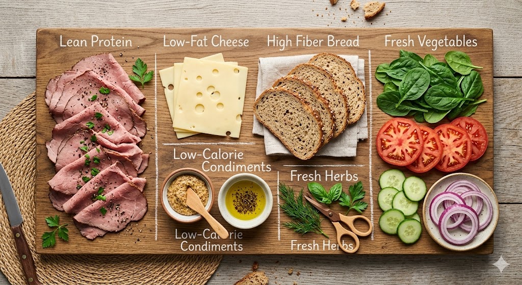 A top-down flat lay photograph of healthy roast beef sandwich ingredients organized on a wooden surface with labels, featuring lean roast beef, Swiss cheese, sprouted rye bread, fresh vegetables like spinach and tomatoes, mustard, and herbs.