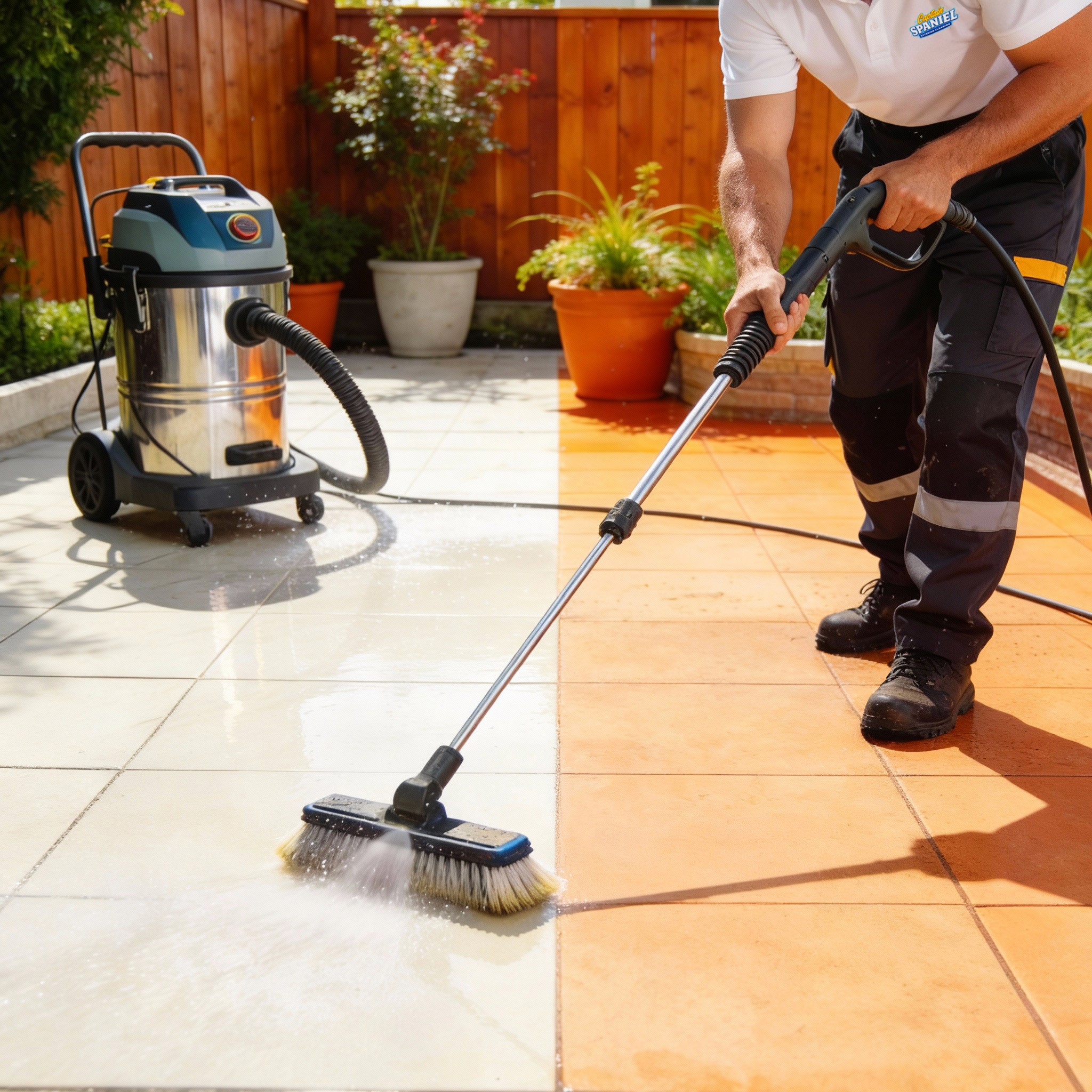Tech power washing patio showing difference  between clean and dirty 