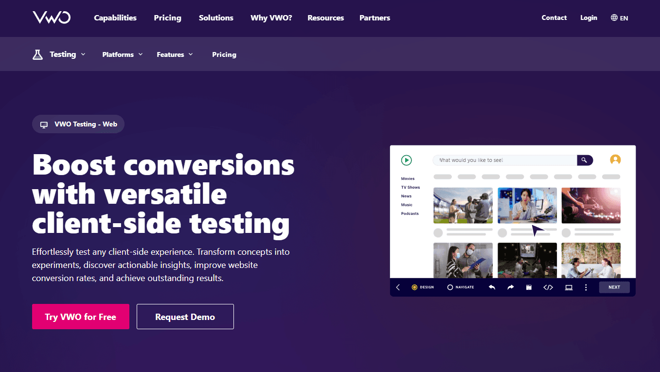 VWO's landing page for A/B testing, important for tracking and analyzing A/B testing metrics.