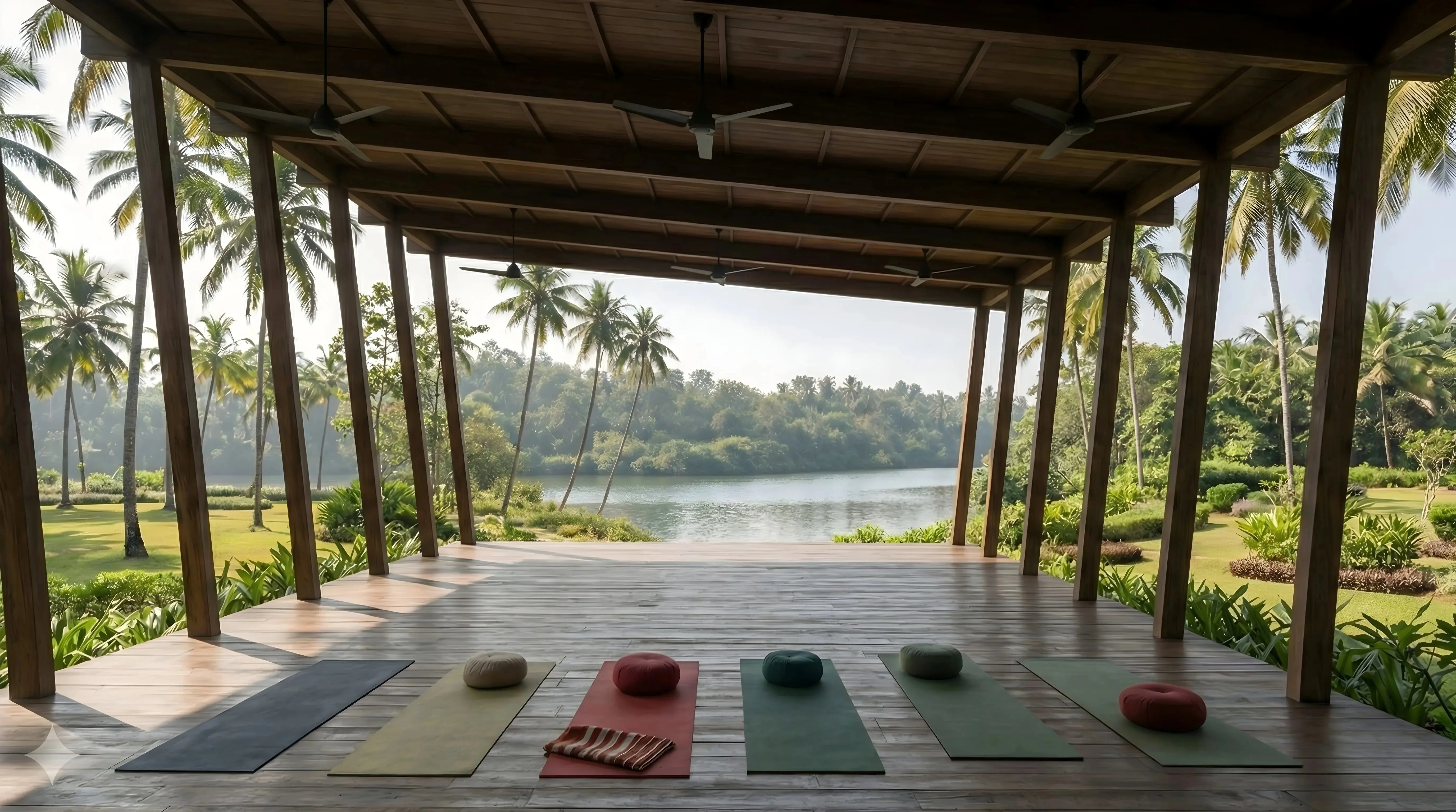 Open-air yoga shala with mats overlooking the Talpona River at Jaali River Sanctuary