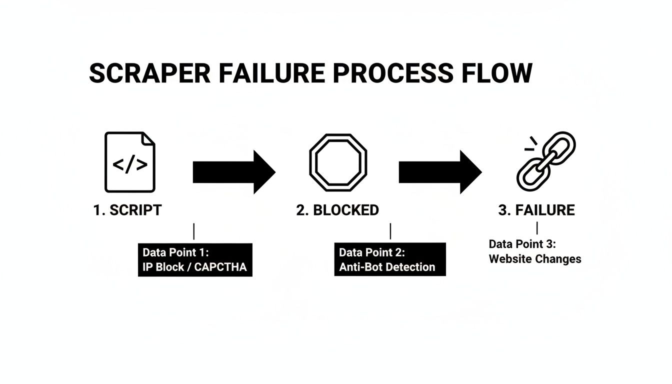 Scraper failure process flow diagram showing a script, getting blocked, and ultimate failure.