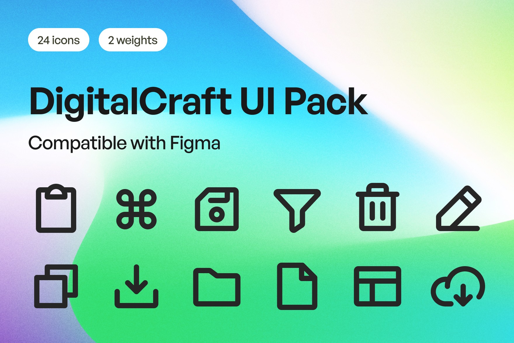 Overview of DigitalCraft UI Pack, featuring a comprehensive collection of monochrome icons perfect for app and website interfaces.