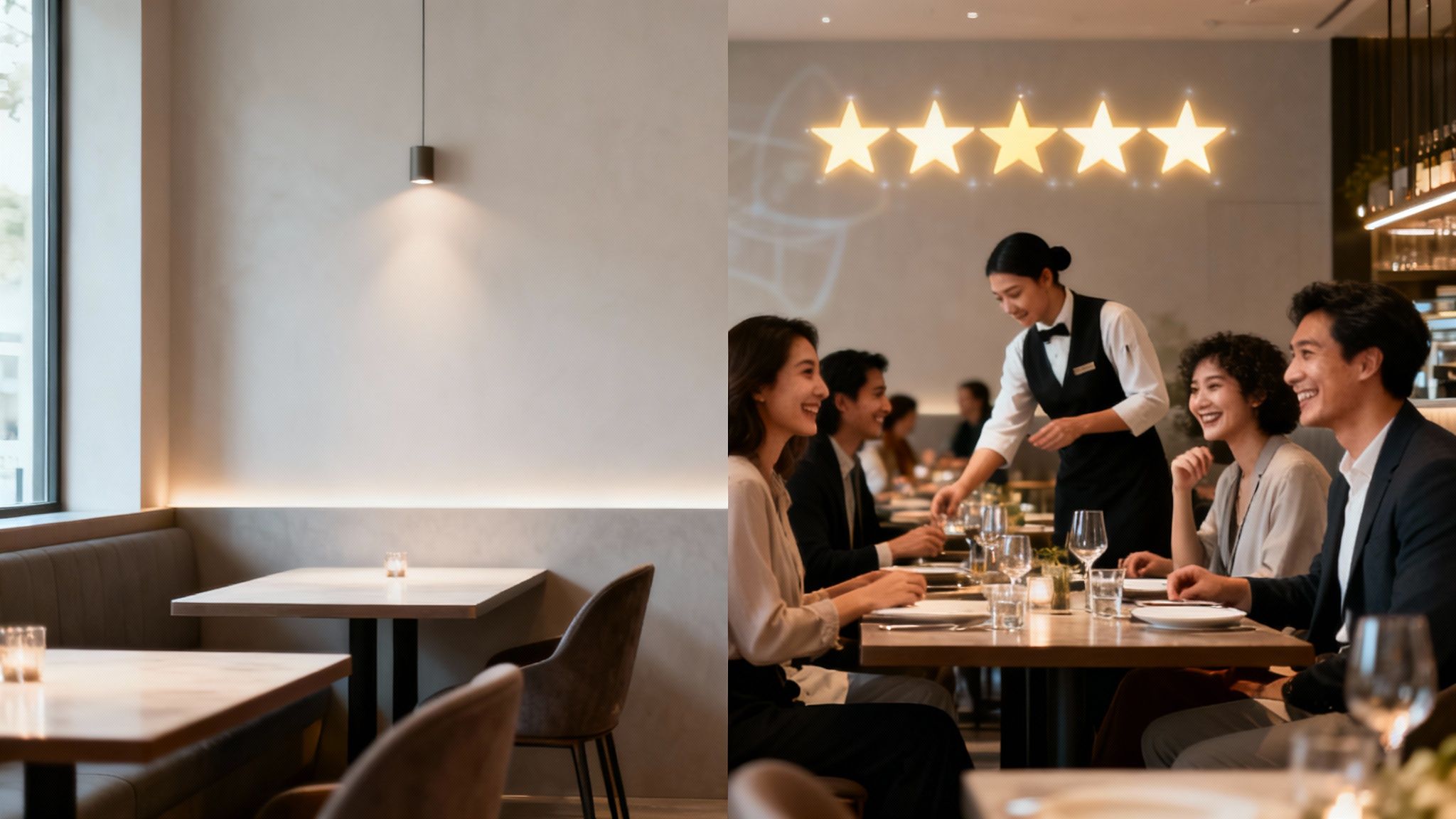 A modern restaurant scene with a waitress serving happy diners, showing five glowing review stars.
