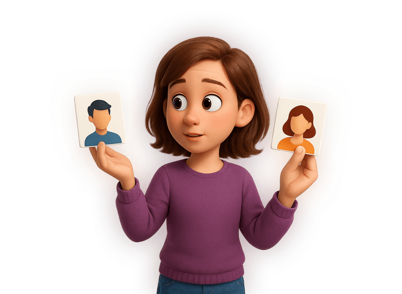 3D illustration of a character holding two persona cards, comparing user profiles for UX design and user research