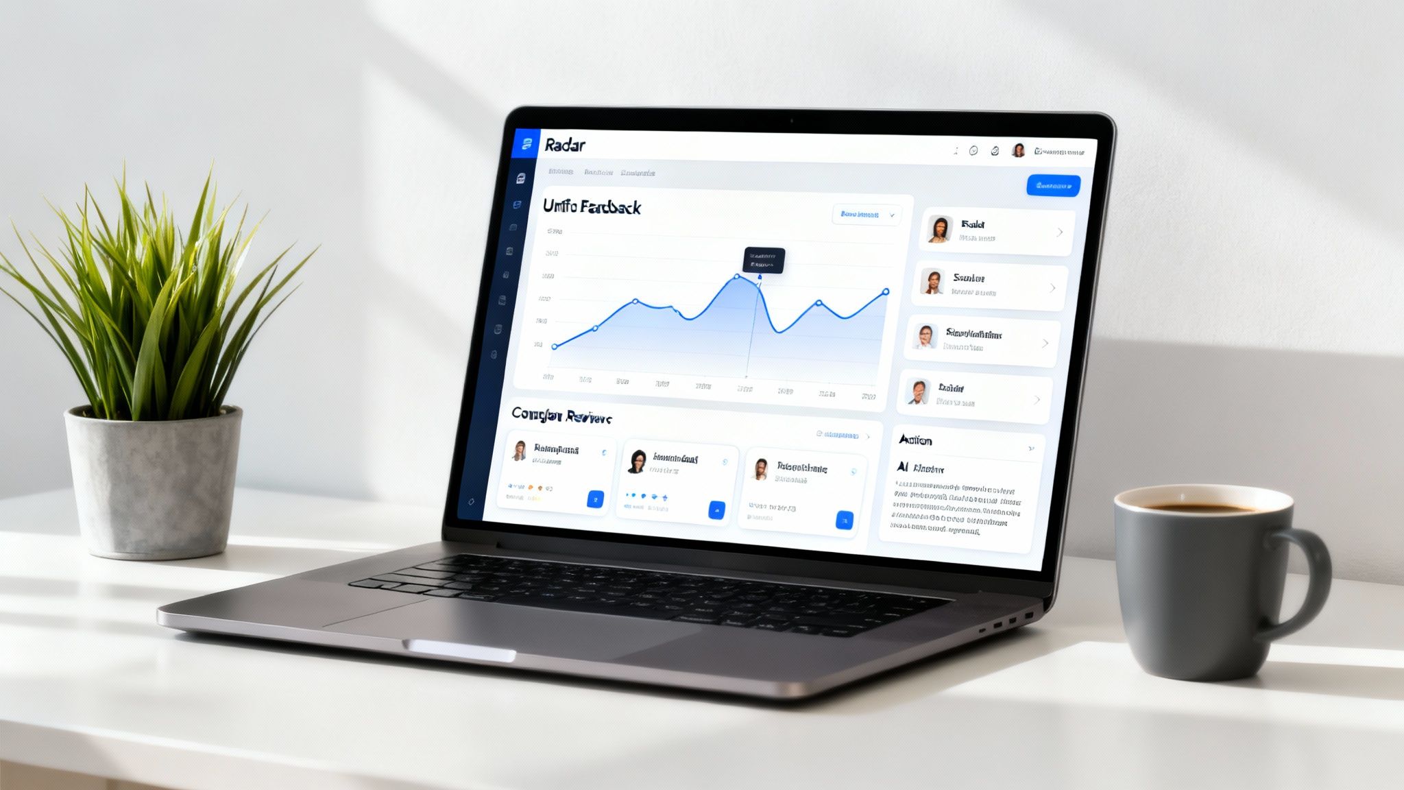 Laptop displaying a feedback dashboard, with a plant and coffee mug on a bright desk.