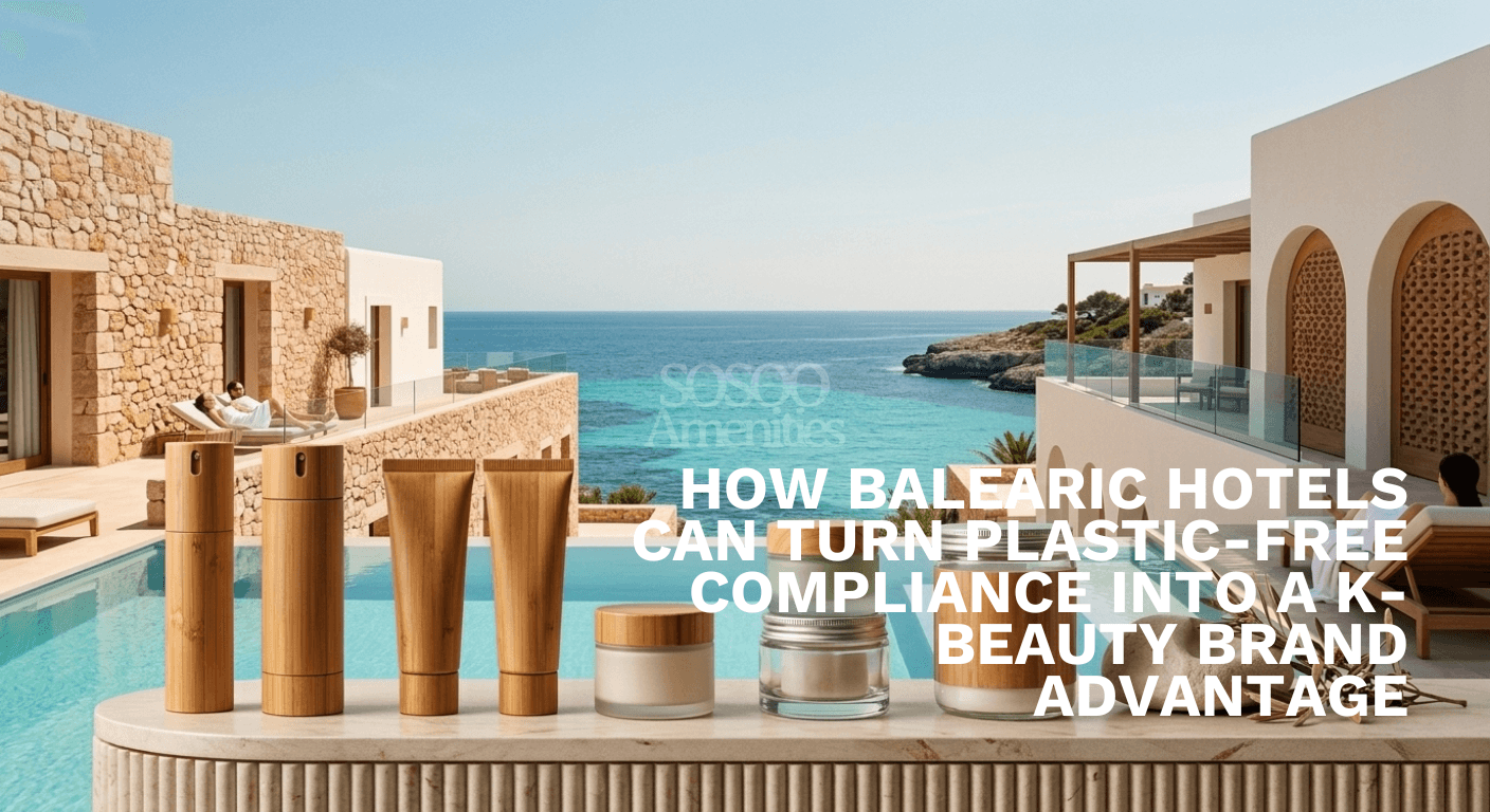 Spa-style products with bamboo lids are displayed on a ledge by a pool. Background features a stone villa, ocean view, and relaxing ambiance