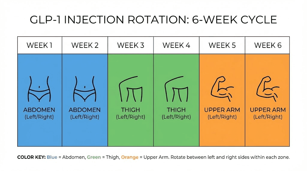GLP-1 injection site rotation schedule showing weekly zone assignments