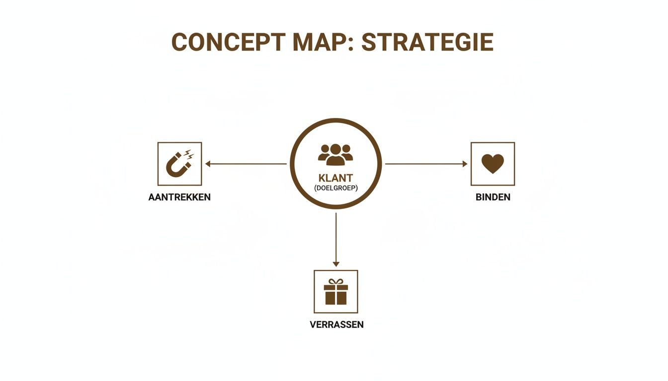 Concept map over strategie voor klanten, gericht op aantrekken, binden en verrassen van de doelgroep.