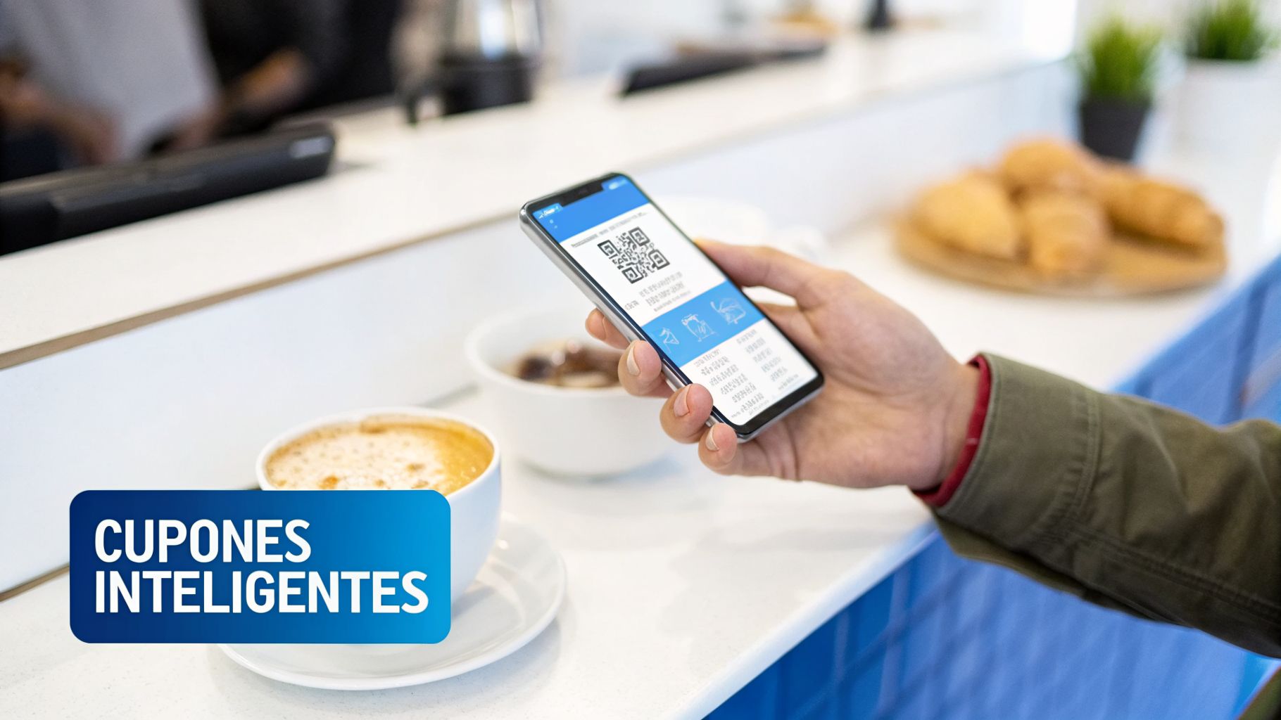 Mano sosteniendo un smartphone con un código QR y cupón inteligente en una cafetería.
