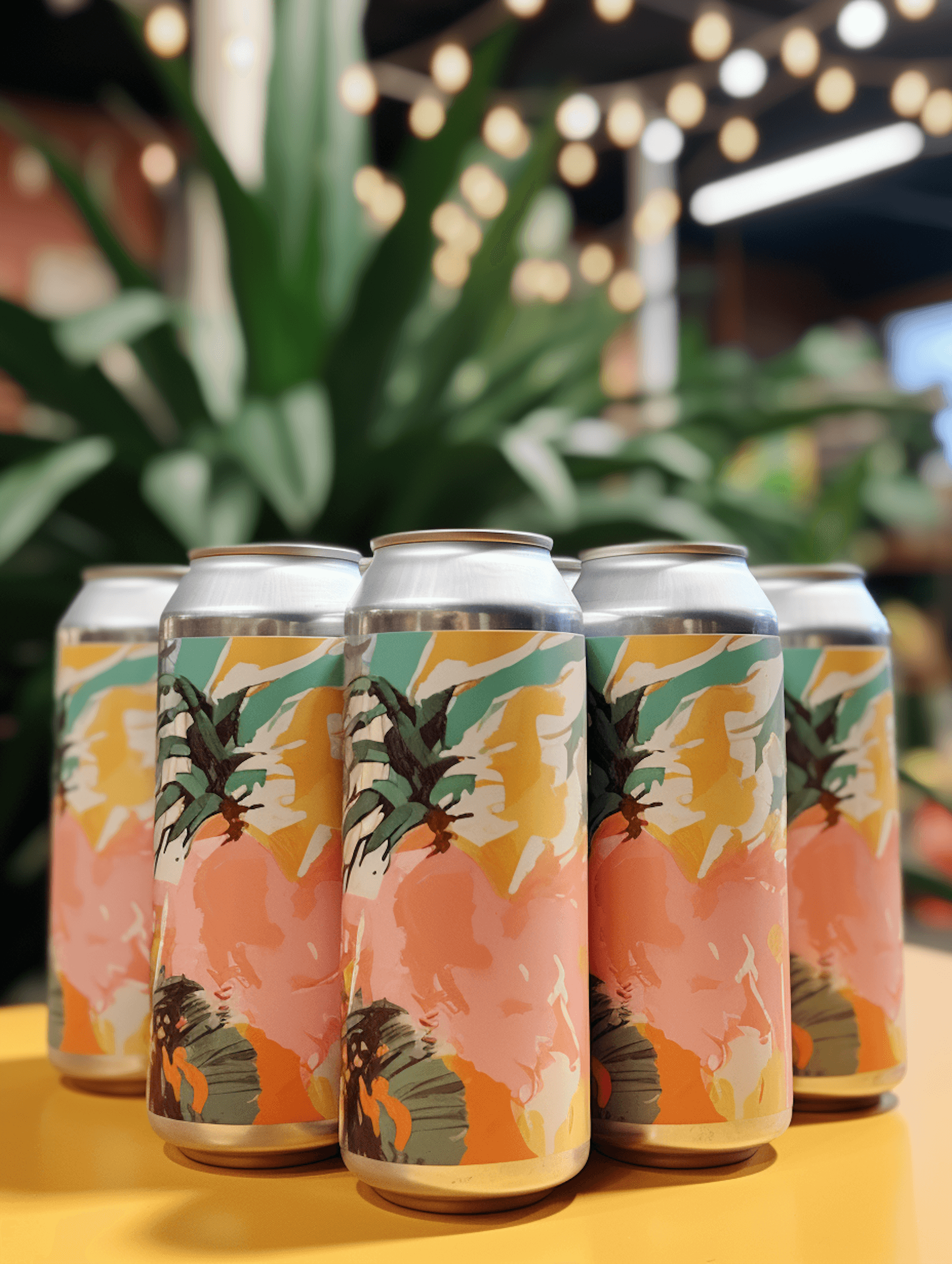 Vibrant cans with tropical pineapple designs on a yellow table, set against a backdrop of green leaves and warm string lights.
