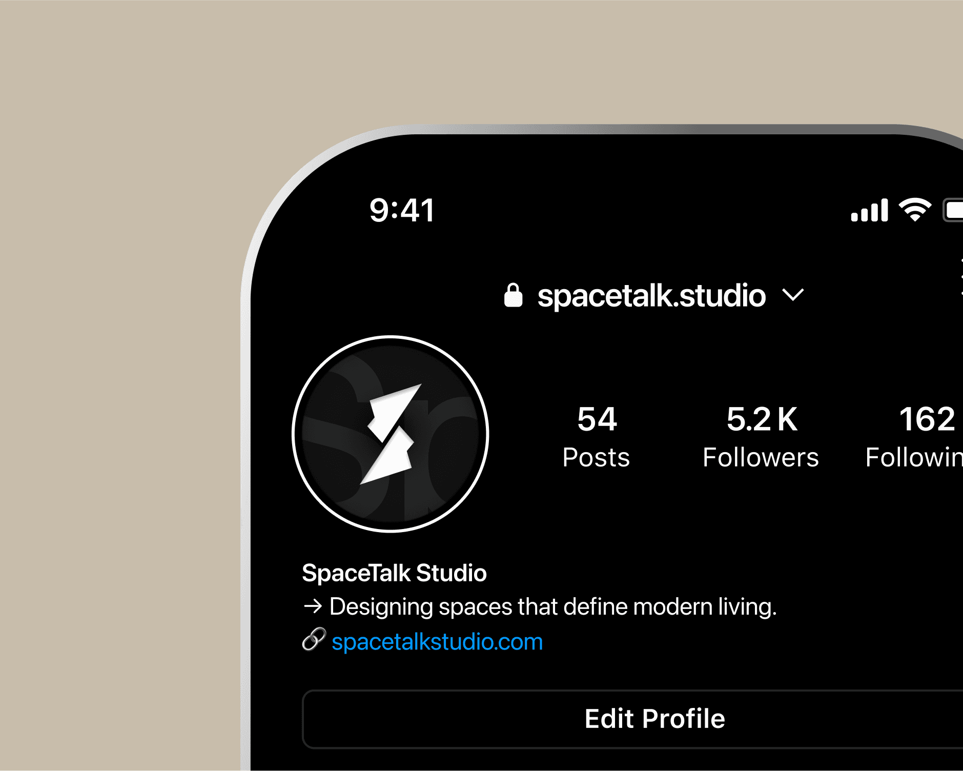 A smartphone screen displays an Instagram profile for SpaceTalk Studio, showcasing 54 posts, 5.2K followers, and 162 following, with a description about designing modern living spaces.