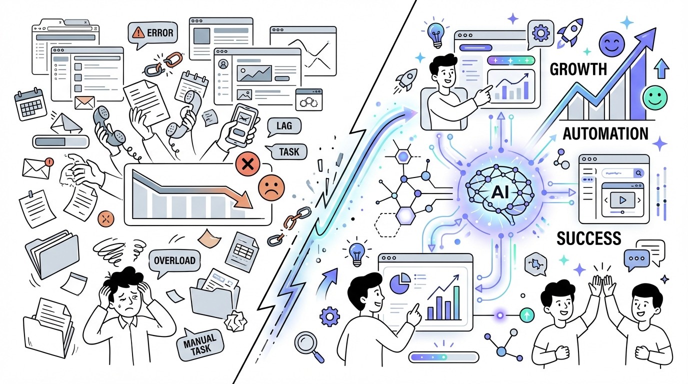 Illustration showing a visual shift from chaotic manual sales outreach with a flat pipeline graph to an AI-powered, optimized system with a rapidly growing pipeline graph.