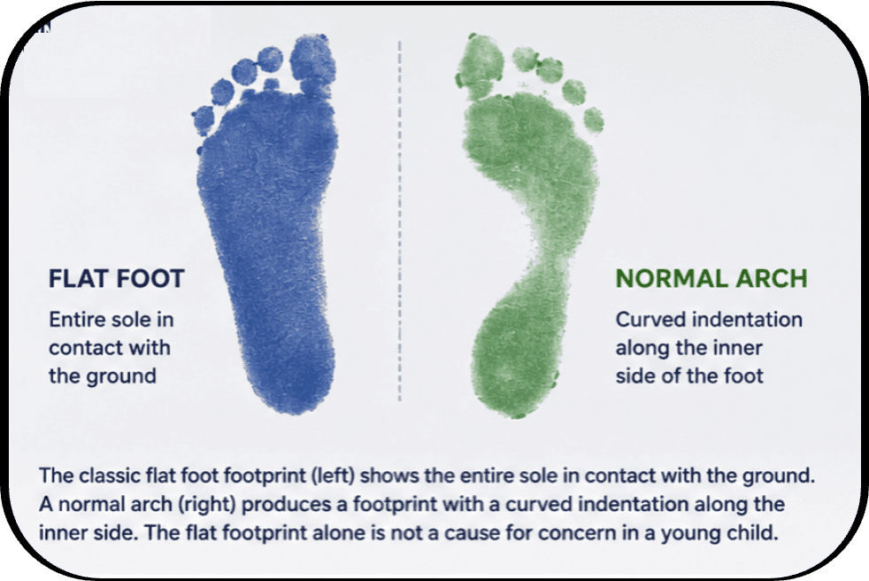 Comparison showing a child's flat foot footprint against a normal arched footprint Caption: The classic flat foot footprint (left) shows the entire sole in contact with the ground. A normal arch (right) produces a footprint with a curved indentation along the inner side. The flat footprint alone is not a cause for concern in a young child.