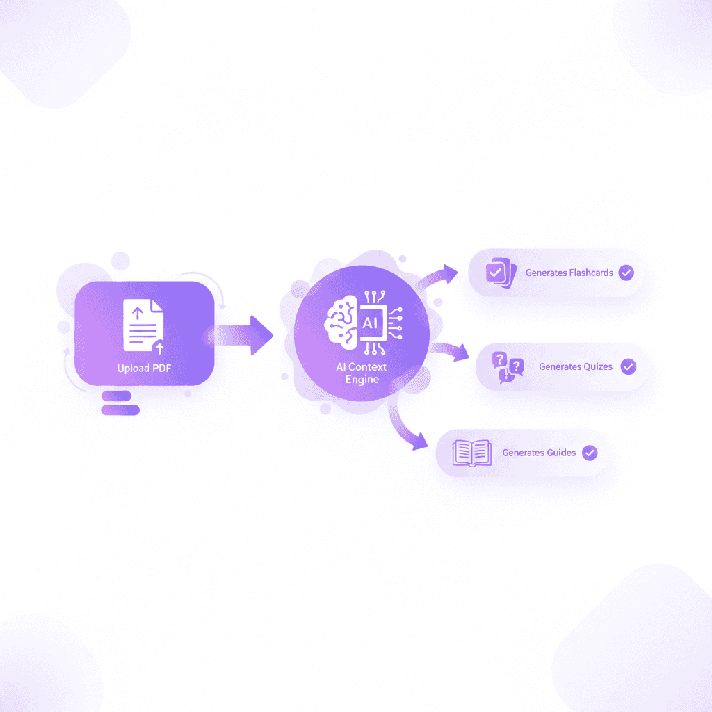 A flowchart illustrating the Penseum process: Upload PDF -> AI Context Engine -> Generates Flashcards, Quizzes, and Guides.