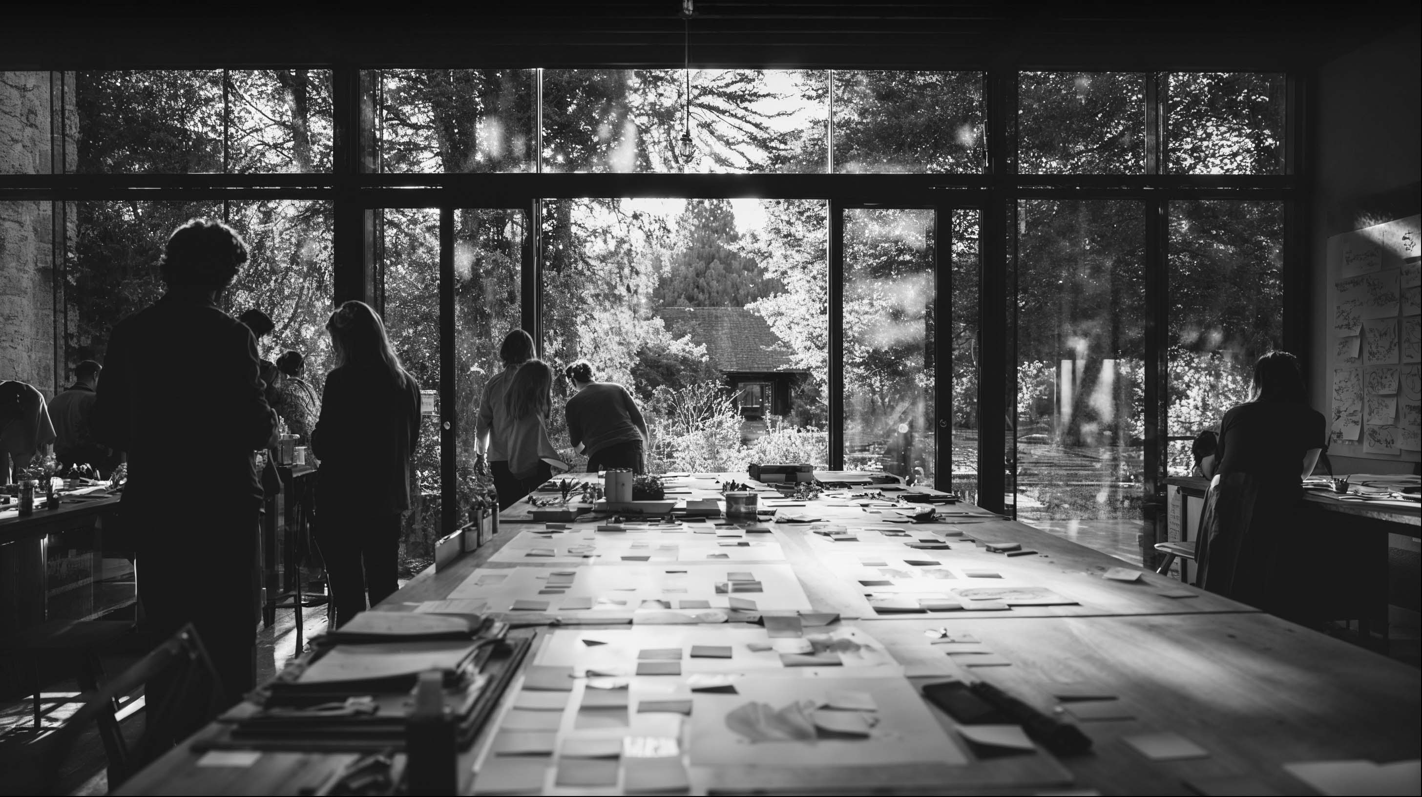Black and white image of people working at a table with laptops, showing hands gesturing during discussion of digital content displayed on screens, with fabrica® logo in the corner.