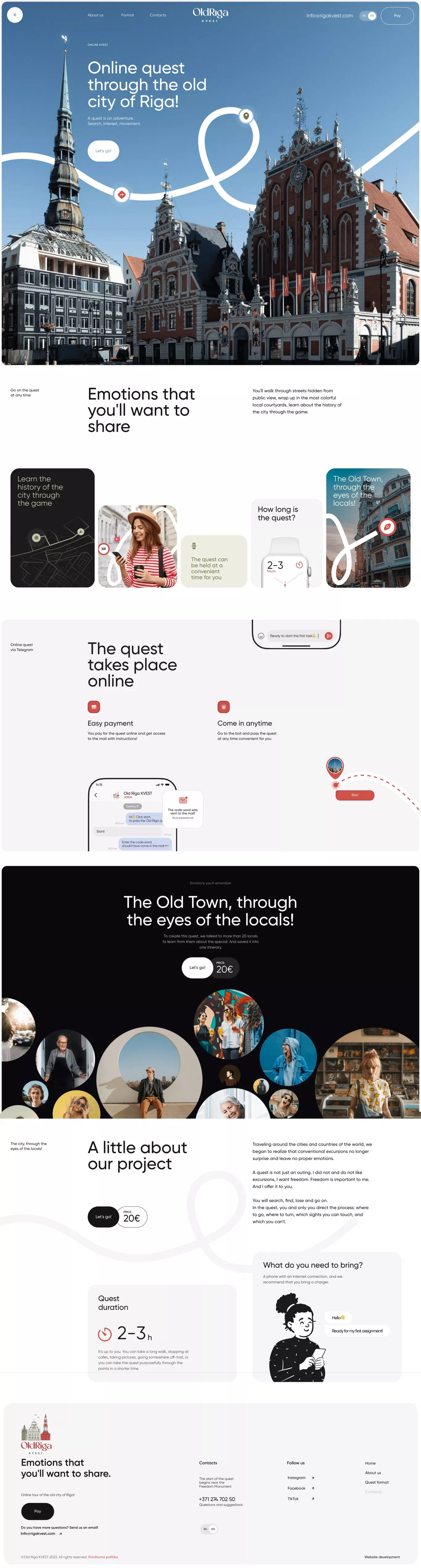 Old Riga KVEST landing page screenshot showcasing Travel and Tech design