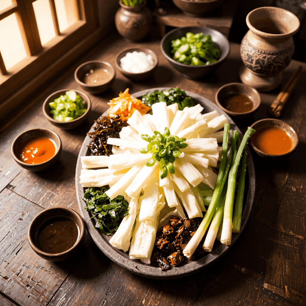 product photography of a platter of assorted Korean side dishes and vegetables for a meal
