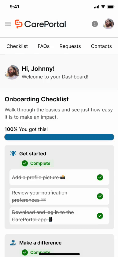 Checklist completion celebration screen with person celebrating and button to return to dashboard