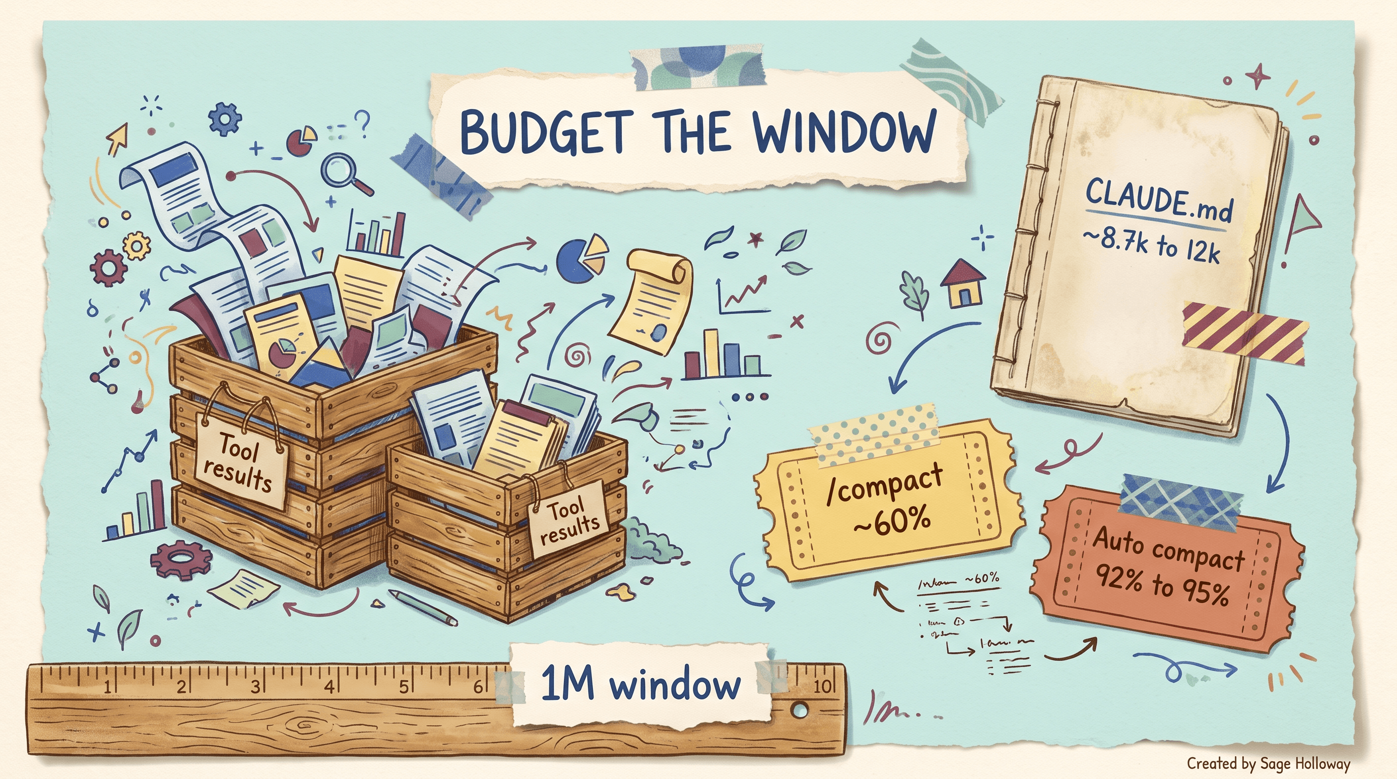 Scrapbook diagram of Claude Code session token budgets showing tool-output crates versus a small CLAUDE.md booklet and /compact at 60 percent