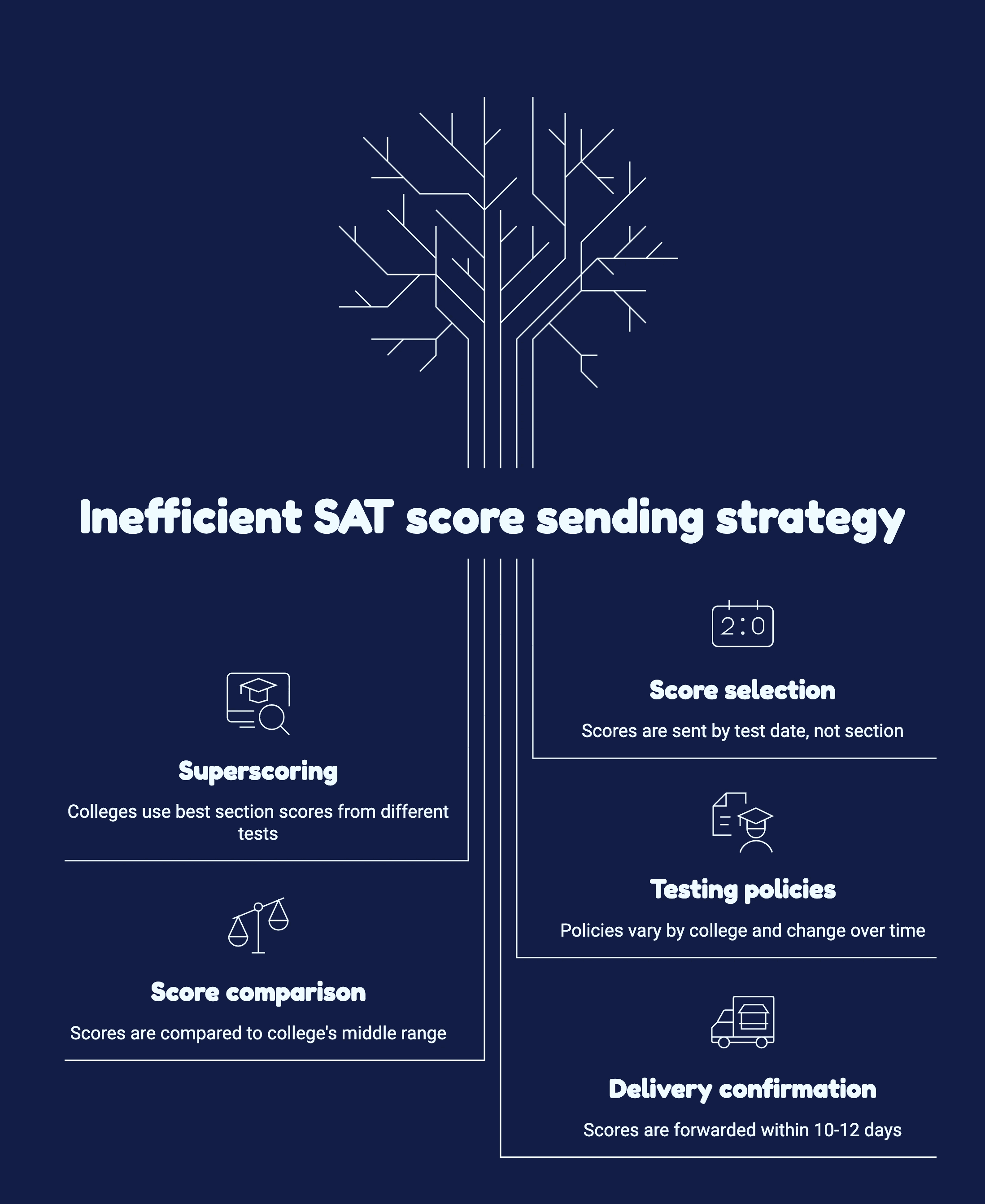  Diagram illustrating SAT score sending strategies, including score selection, superscoring, and delivery confirmation timelines.