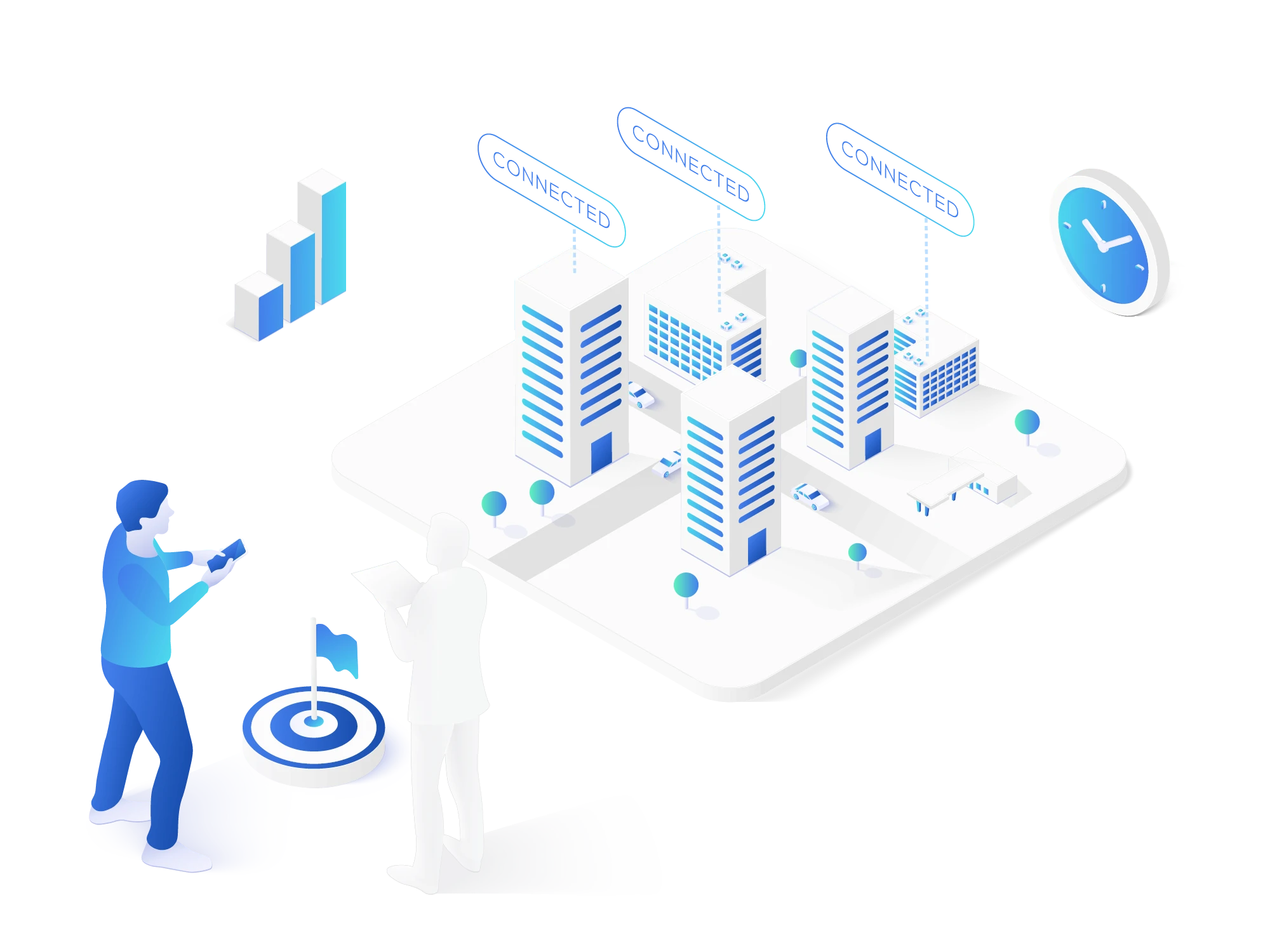 User standing next to pre-configured network equipment in a city setting, representing an easy plug-and-play installation process