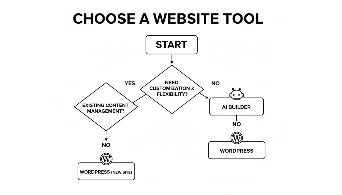 A flowchart guiding the selection of a website tool, considering customization, existing content, AI builders, and WordPress.