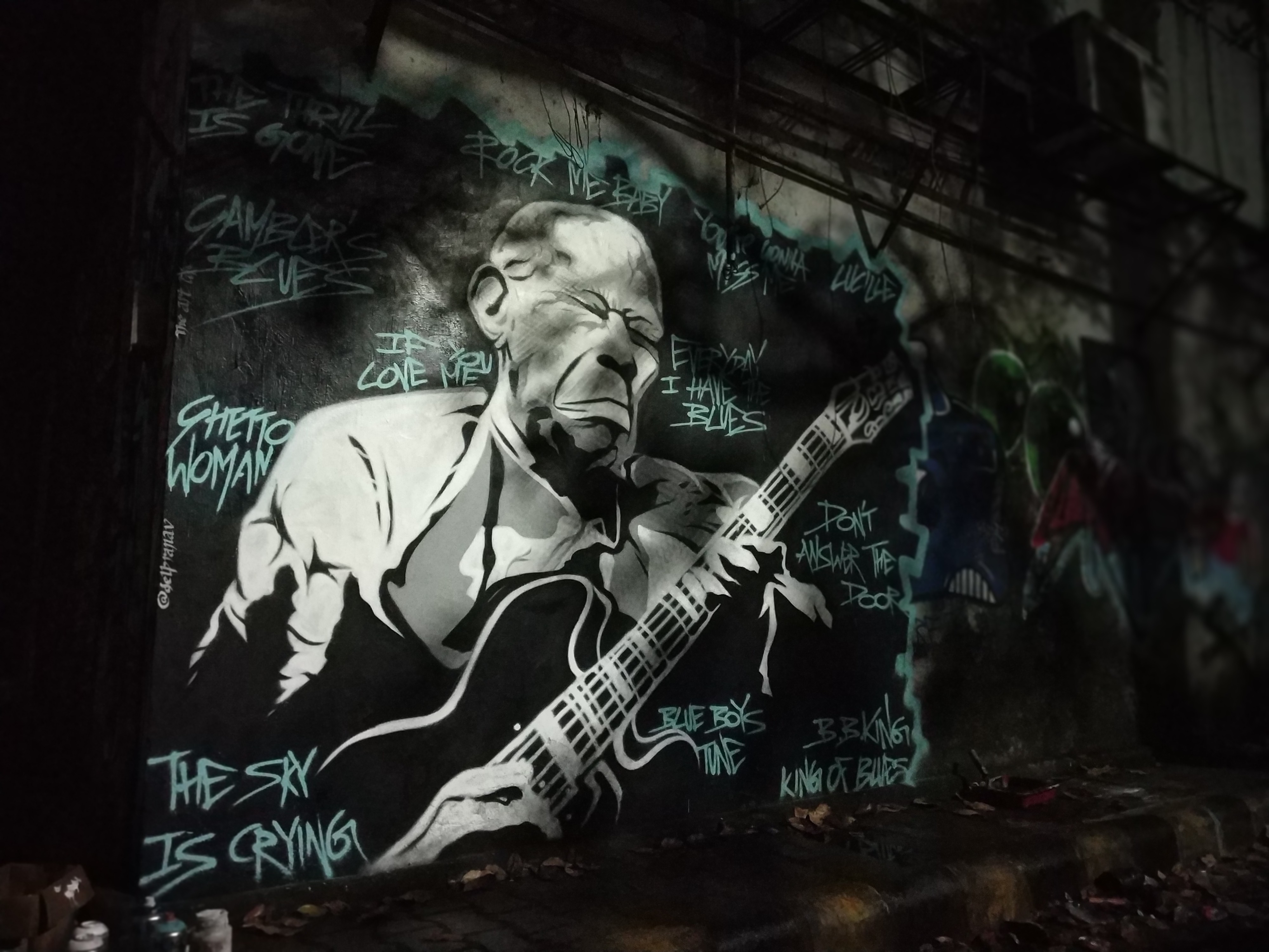 Street art of BB King at Pianoman Jazz Club New Delhi.