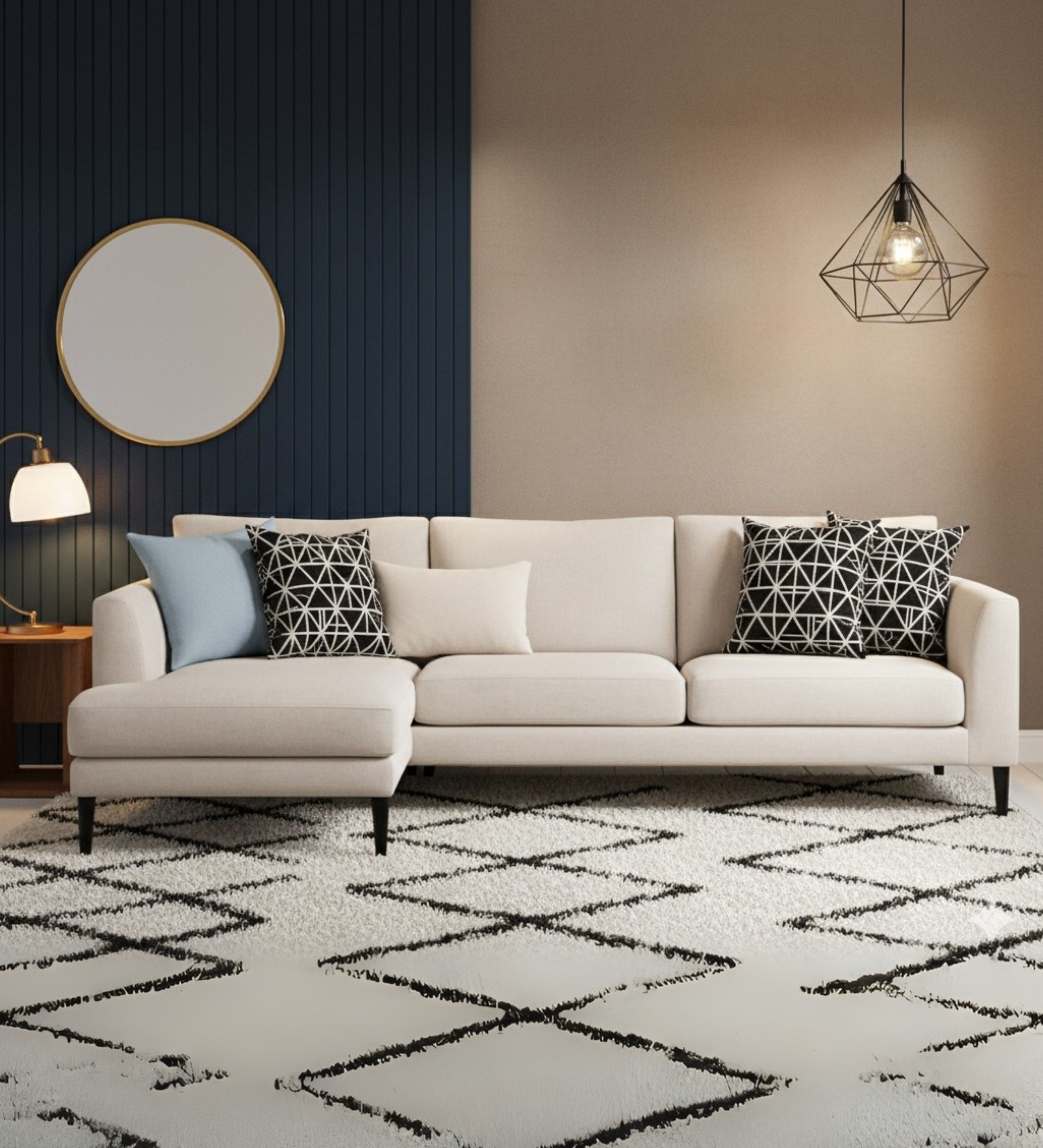 Contemporary upholstered sofa with slim legs and contrast patterned cushions