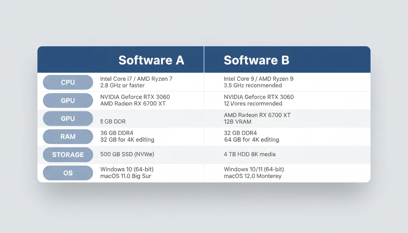 A clean UI element displaying a system requirements comparison chart for video editing software, presented in a Clean Light Mode style. The structure is a two-column data grid with a prominent dark blue header divided into two sections with placeholder titles. The left column features category labels inside muted light blue boxes. The main data cells contain multiple lines of abstracted placeholder text. The chart uses a professional color palette with muted blues and greys, has rounded corners, and a soft drop shadow on a plain background.