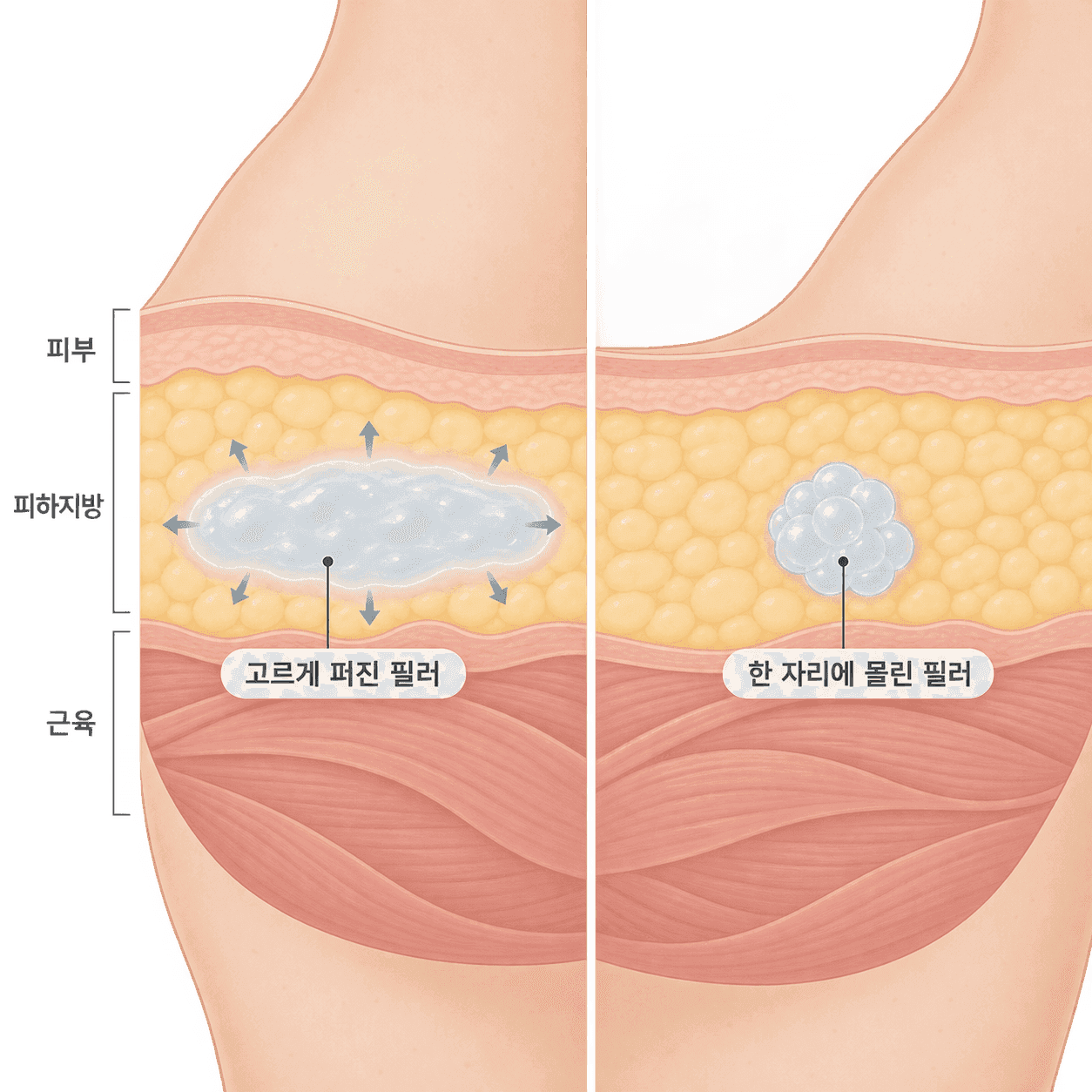 붓기와 겹친 단단함과 한 자리에 몰린 뭉침은 같은 지방층 안에서도 모양이 달라요
